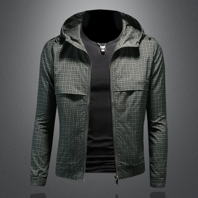 洛尼提日亚潮流春秋季新款连帽细格子男士夹克外套修身个性上衣潮