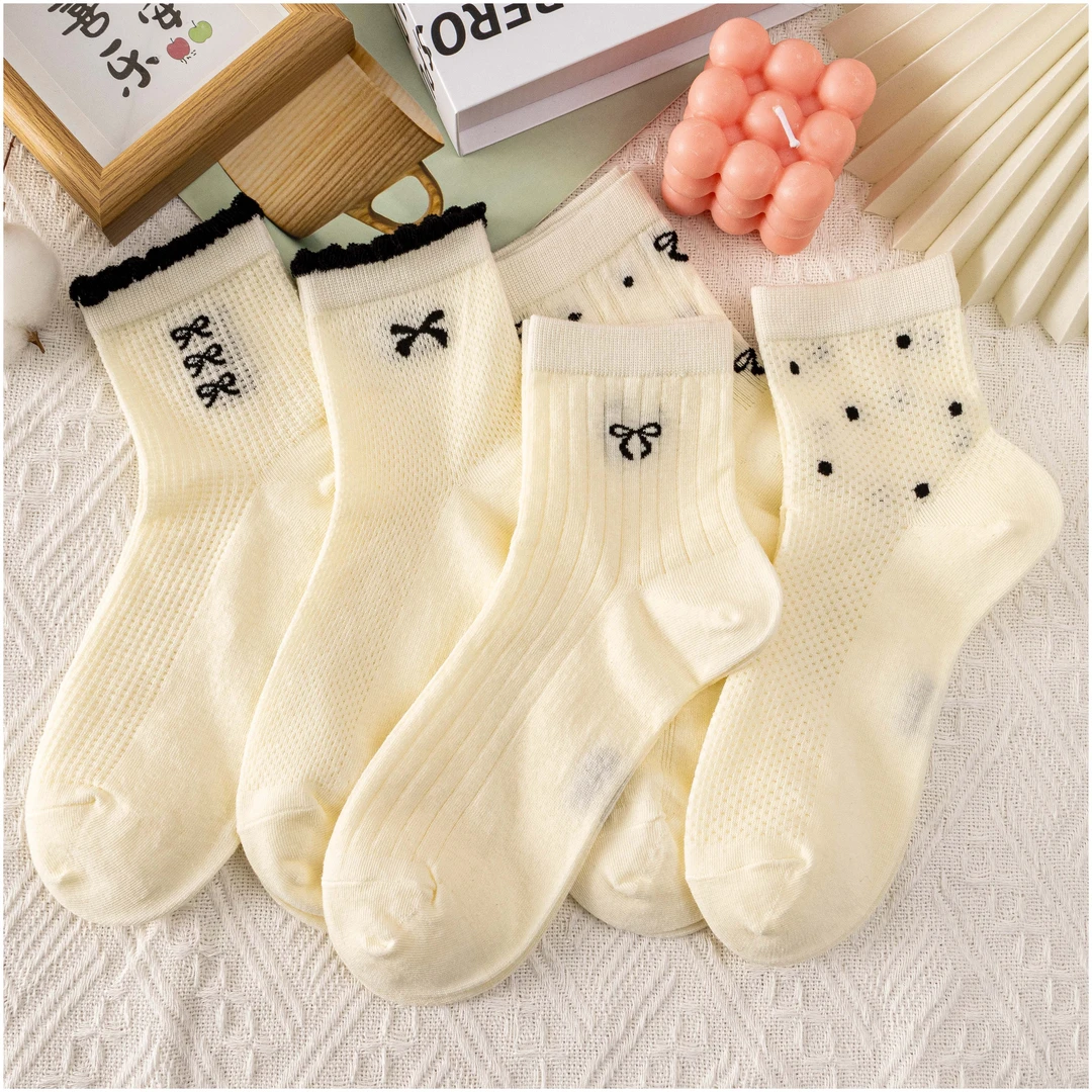 薄款米白花边袜子女中筒袜夏季纯棉镂空网眼透气泡泡口公主袜