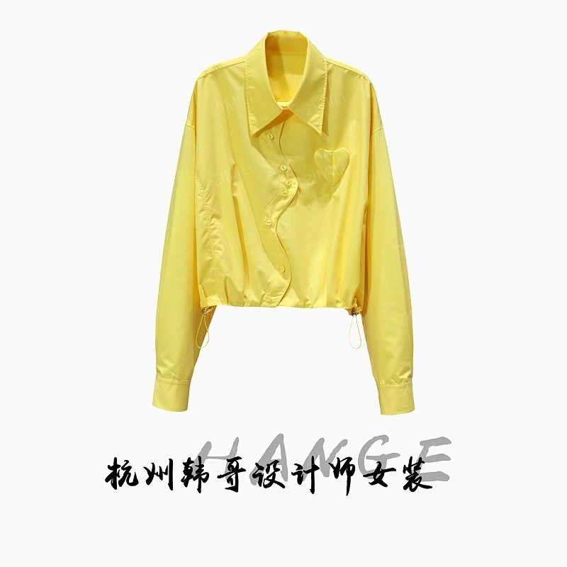 【韩哥女装】设计师高定面料欧货小众轻奢鹅黄波浪门襟时装衬衫6663