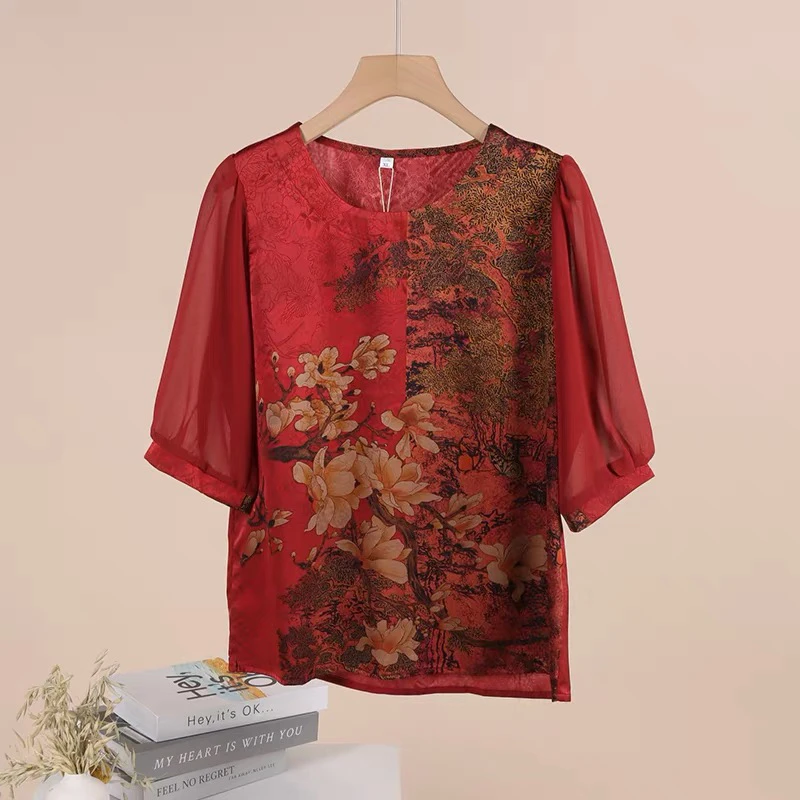 223夏季新款五分袖圆领仿印花气质宽松时尚上衣