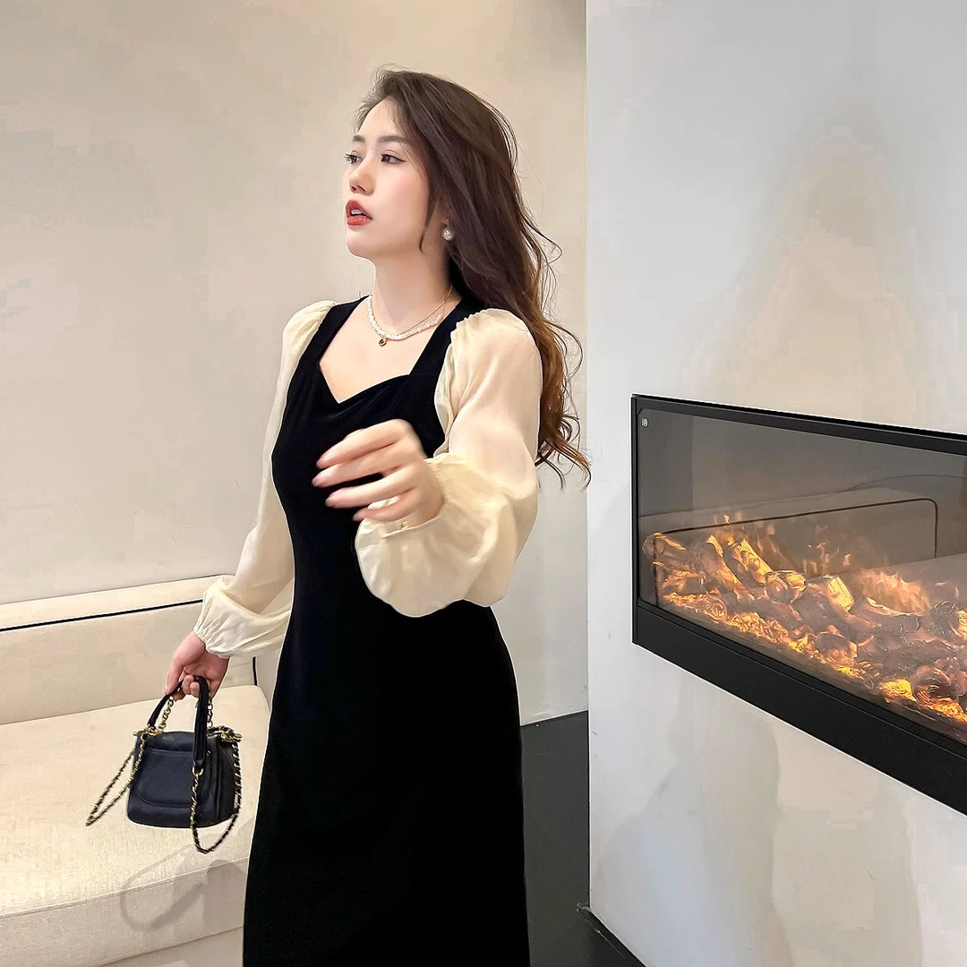 胖mm法式丝绒泡泡袖连衣裙女春秋季大码女装赫本风高级感气质长裙