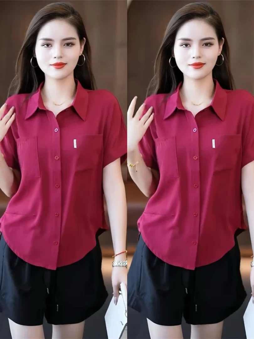 户外冰凉时尚洋气短袖衬衫上衣女新款宽松遮肚子显瘦衬衣百搭女款