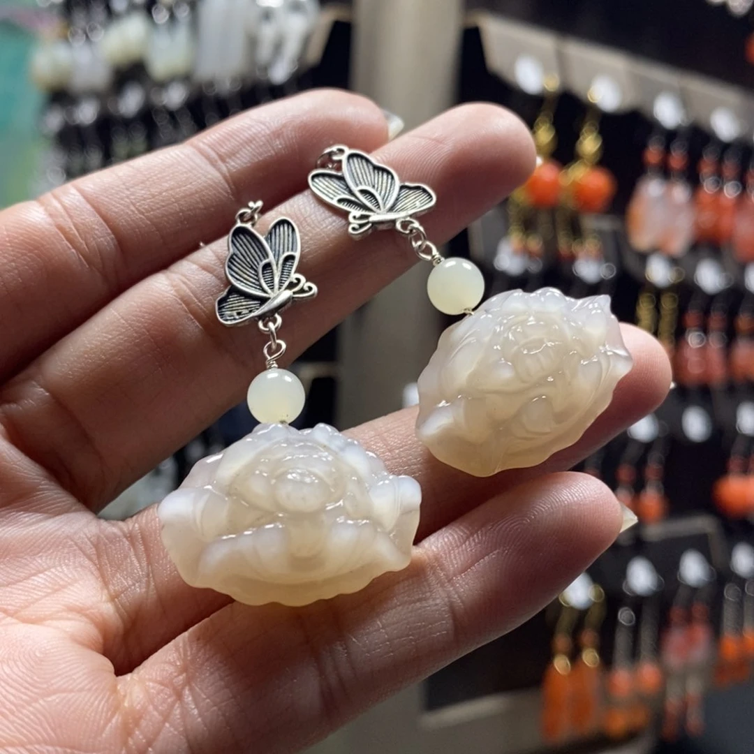 和田玉耳饰银S925镶嵌锦***?