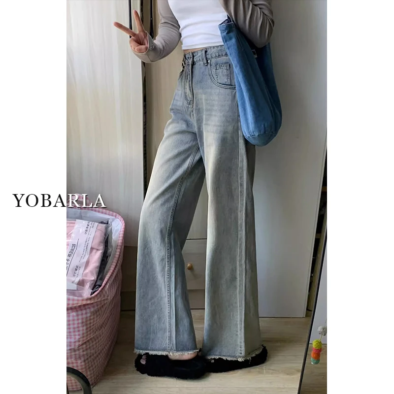 浅色毛边阔腿牛仔裤女秋季新款胖mm大码宽松显瘦梨型身材直筒裤子