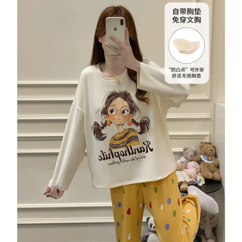 新款韩版带胸垫睡衣女春秋季长袖卡通可爱家居服套装可外穿秋冬