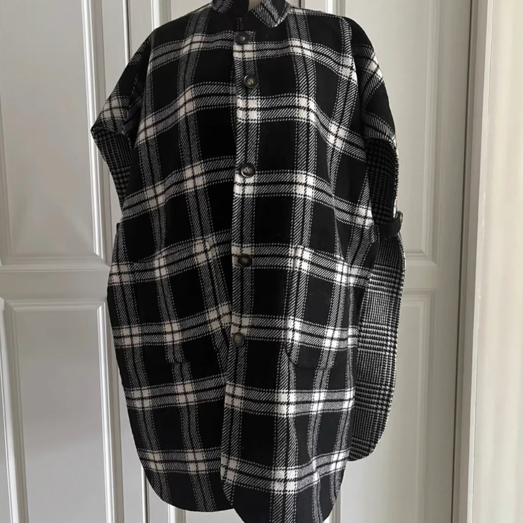 99新 BURBERRY/博柏利 双面呢料格子披肩斗篷外套/长111/B01906