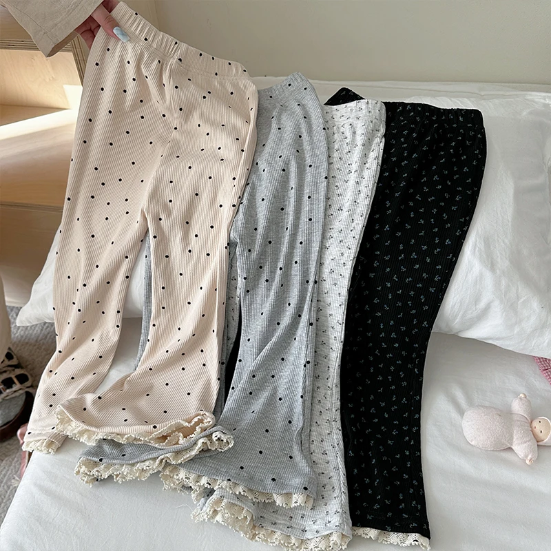 【橘子家】女童舒适波点软糯长裤春款裤口蕾丝边喇叭裤HS61037