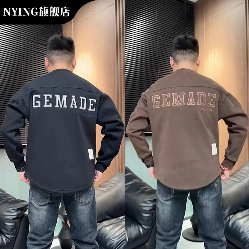 NYING秋冬新款加绒潮流拼接刺绣圆领厚棉T男字母宽松百搭上衣打底