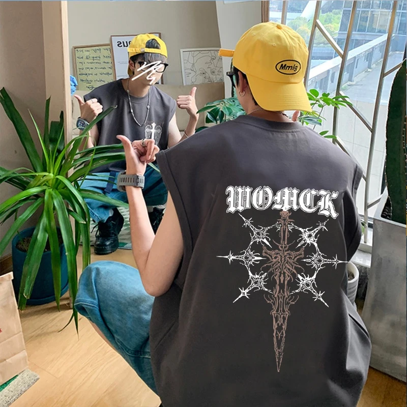 潮牌纯棉背心t恤男装潮流美式宽松大码外穿坎肩无袖上衣夏青少年