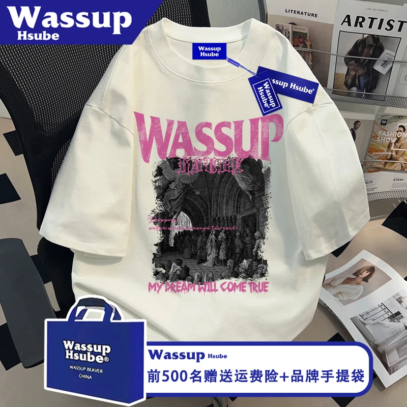 WASSUP HSUBE时尚感夏季男女半袖ins美式创意印花T恤白色纯棉短袖
