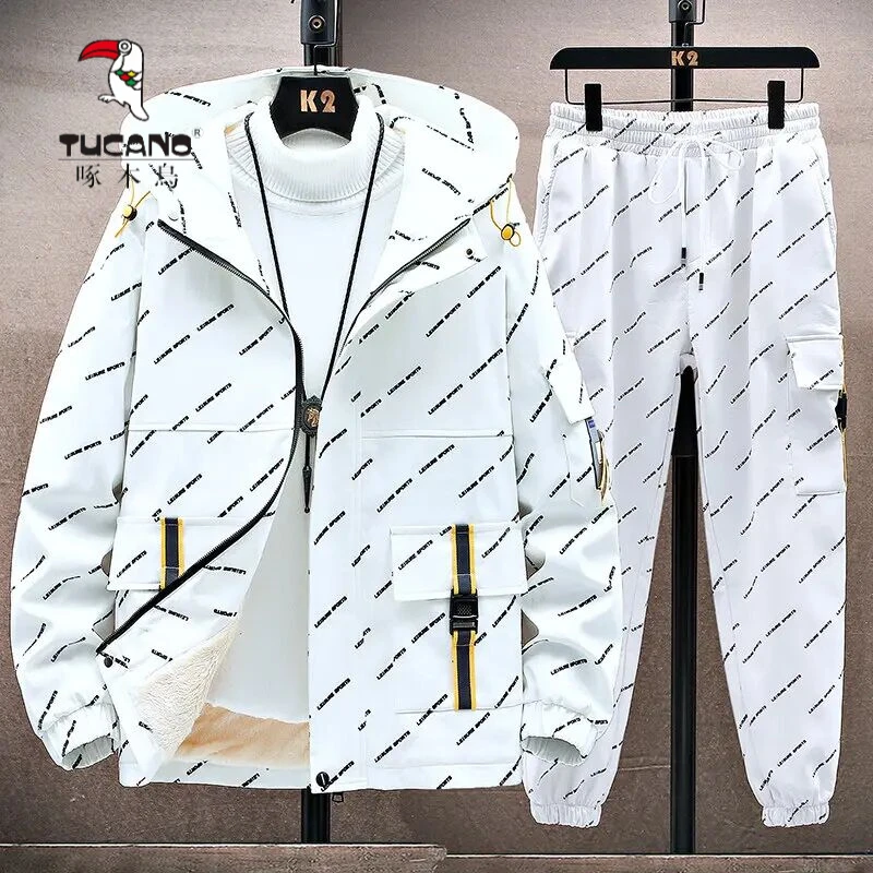 啄木鸟2025春季新款时尚休闲反光条男士工装连帽加绒加厚夹克裤子