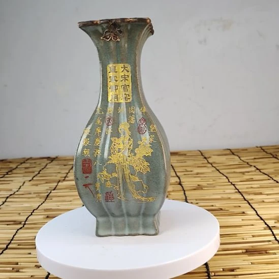 陶摆件汝窑描金包铜口老工艺