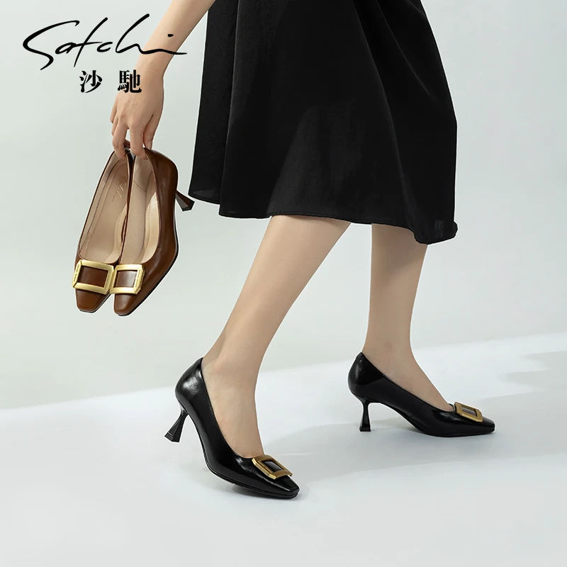 沙驰女鞋细跟高跟鞋女2025年春夏季新款职业气质时尚方扣浅口单鞋