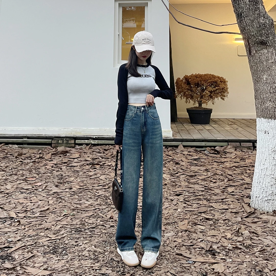 新款阔腿牛仔裤女2024早秋小个子宽松韩版显瘦直筒ins百搭裤子潮