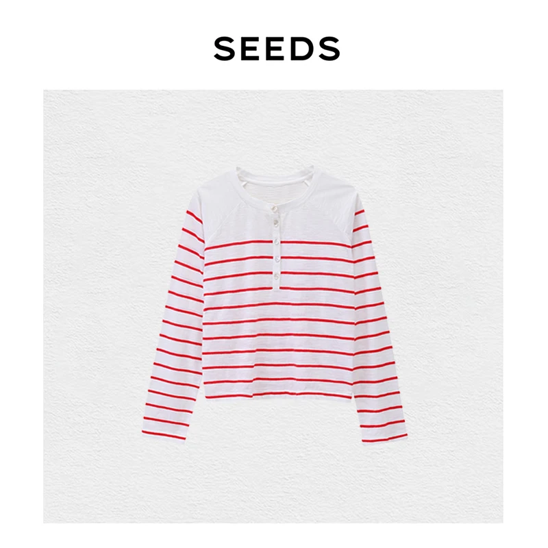 【松弛线】SEEDS 法式松弛感 l00竹节棉色织红白条纹长袖T恤