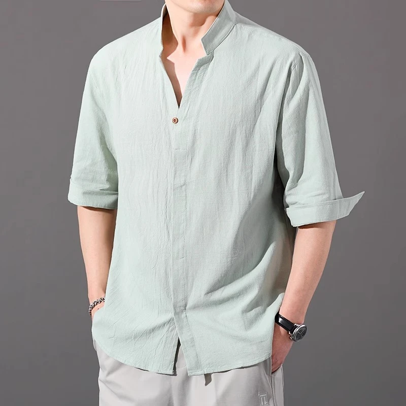 JJ棉麻中袖男t恤七分袖棉衬衫男士休闲7分袖薄款亚麻潮流简约