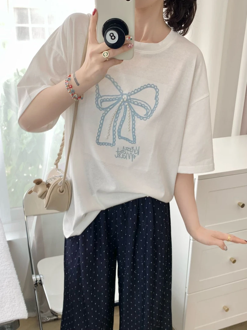 程程甄选  韩系蝴蝶结珍珠时尚夏季百搭T恤8349
