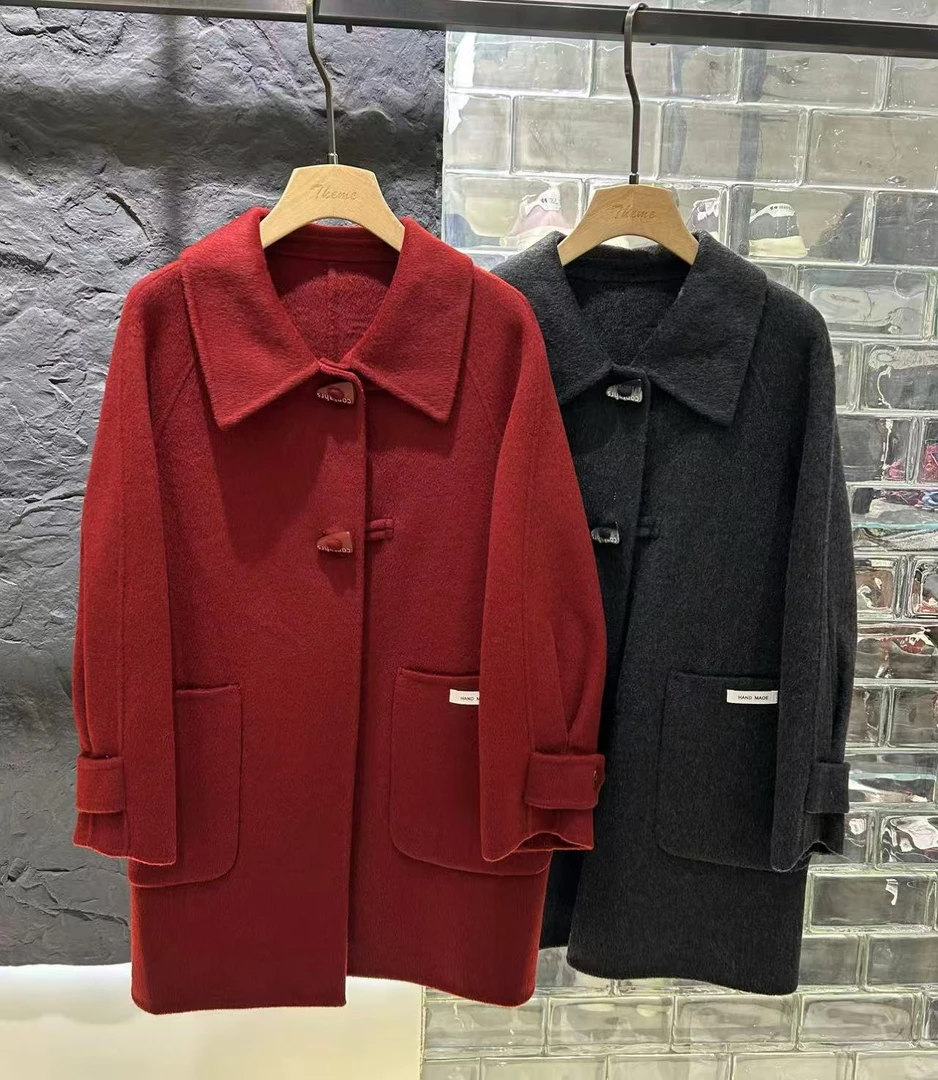 6805-31102 极简中长款厚款百搭翻领呢大衣服女士毛呢外套