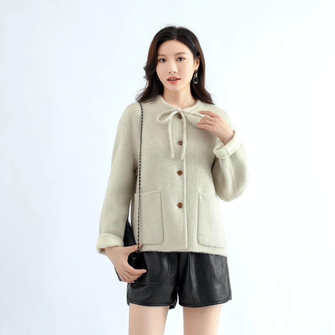 春款双面外套系带无领兔毛桑蚕丝短羊毛外套小香风高端时尚大衣新