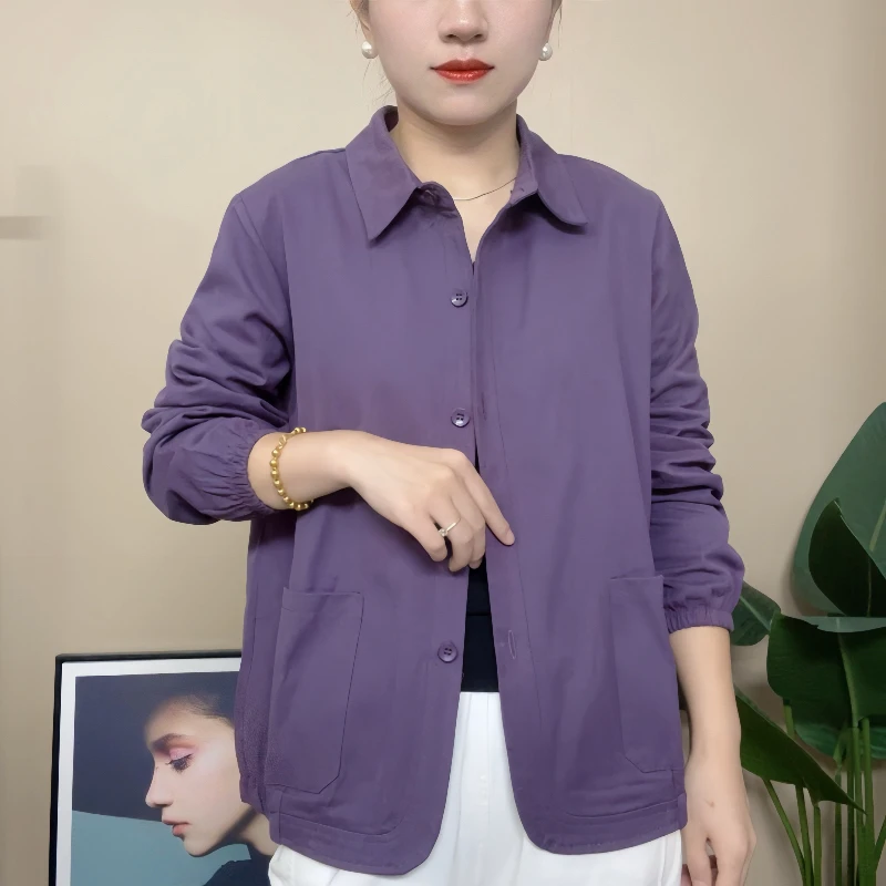 2025秋季新款气质外套纯色中老年女装翻领常规款时尚百搭妈妈秋装