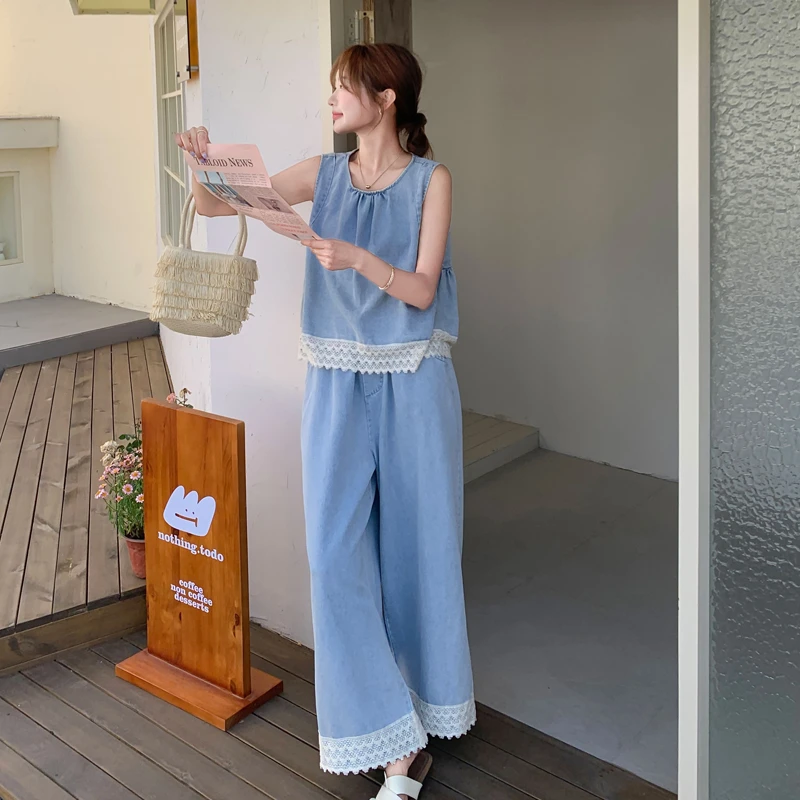 浅蓝色蕾丝花边无袖牛仔背心阔腿裤套装女2025夏季新款休闲一整套