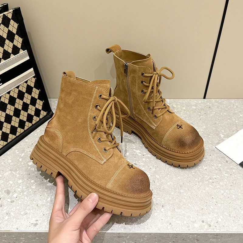 复古英伦风~！真皮十字花做旧擦色马丁机车靴女（跟高5筒高13）