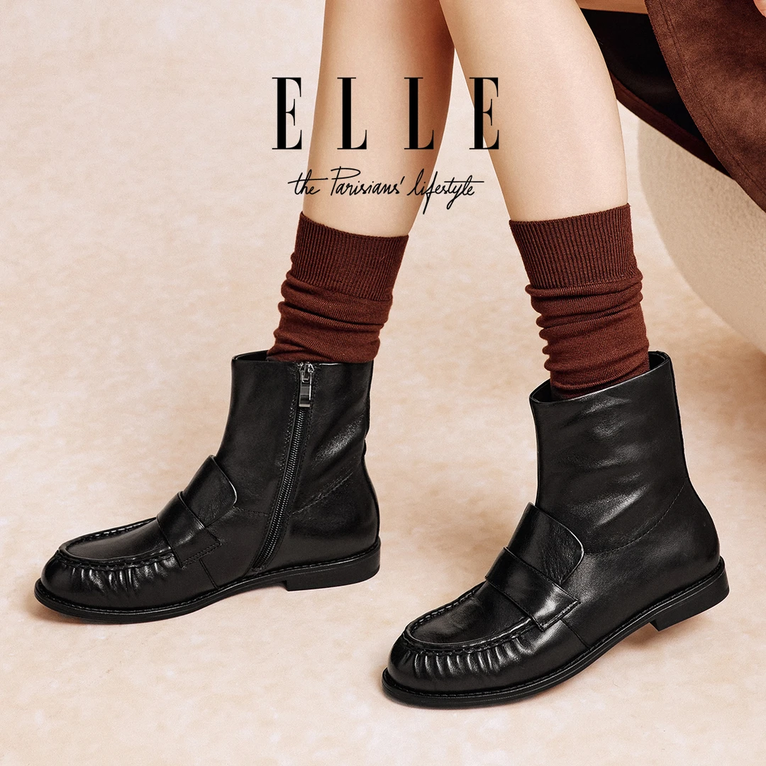 ELLE官方正品女鞋带拉链2025新款真皮复古英伦短靴时尚舒适马丁靴
