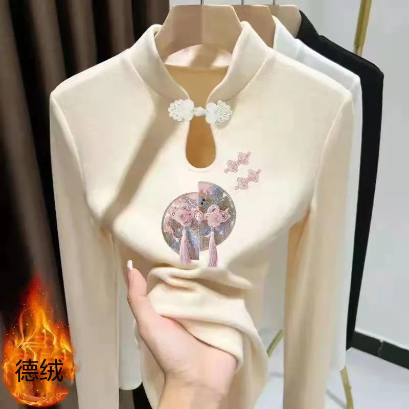 新中式国风盘扣印花立领T恤女春秋季新款洋气宽松显瘦德绒上衣潮