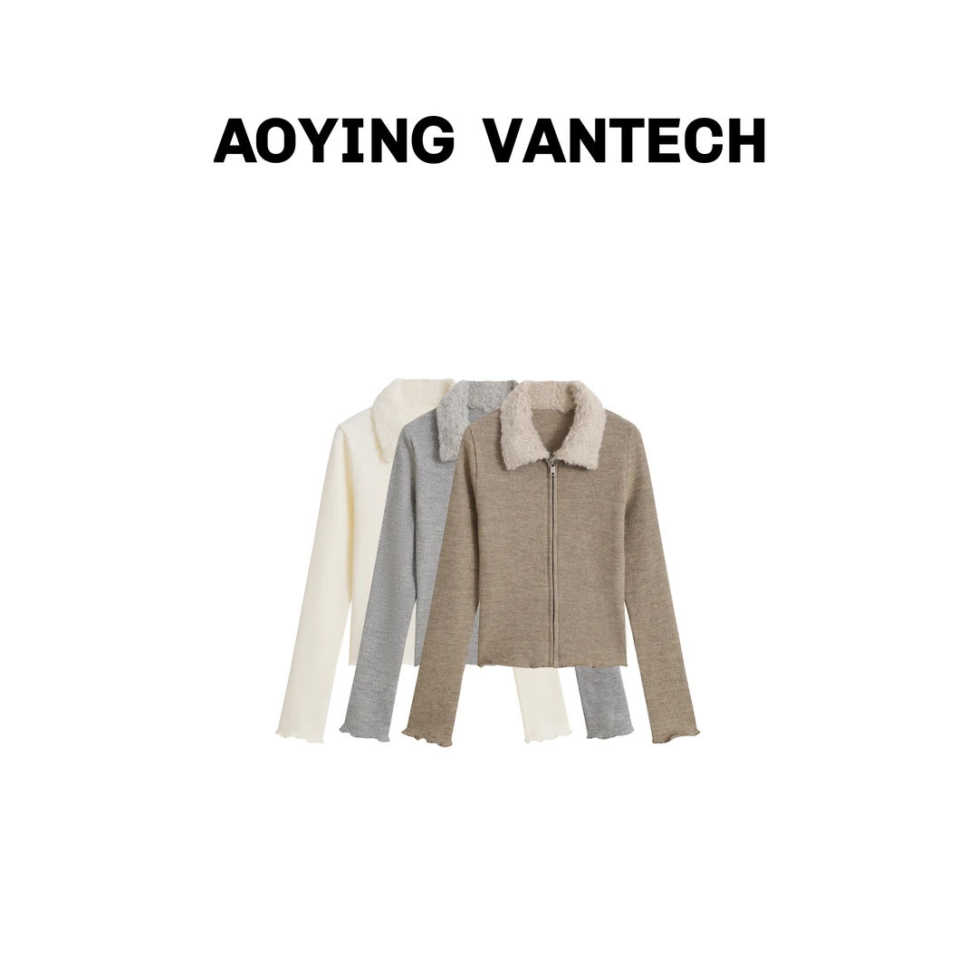 AOYING VANTECH【时髦咖位】复古街头感毛毛领拉链针织毛衣开衫