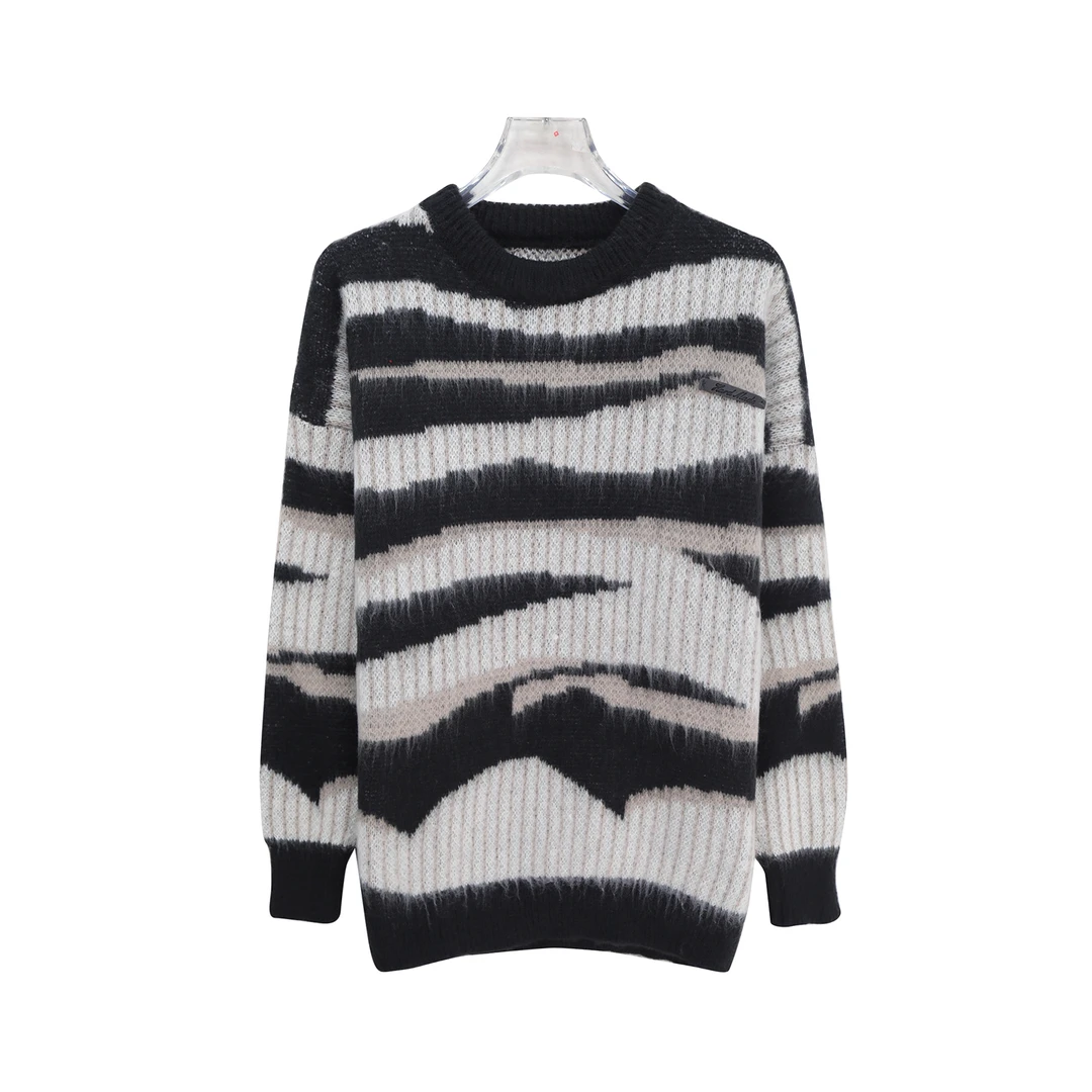 慵懒风软糯撞色条纹毛衣宽松显瘦设计感针织上衣X3091