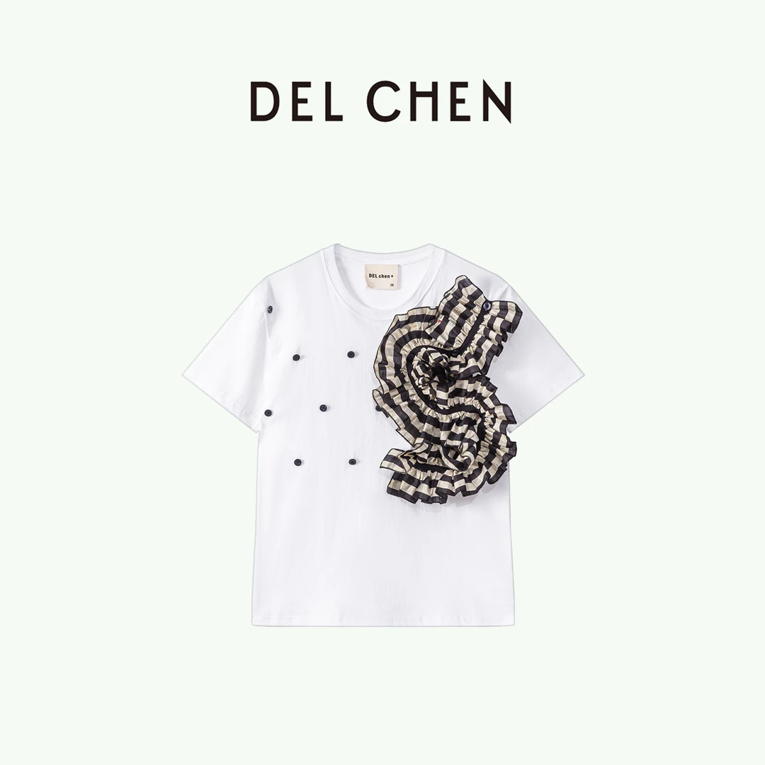 DELCHEN 2025春夏 白色+可拆卸花边 短袖T恤DCTY90029