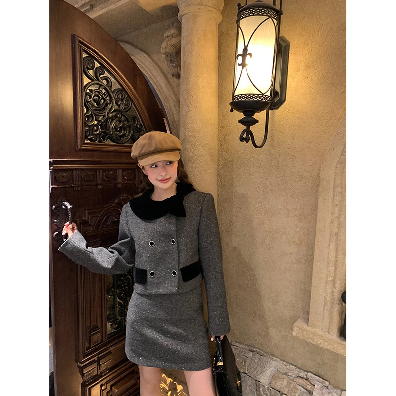 2024冬季韩淑MIU系千金翻领毛呢短款外套女F2619