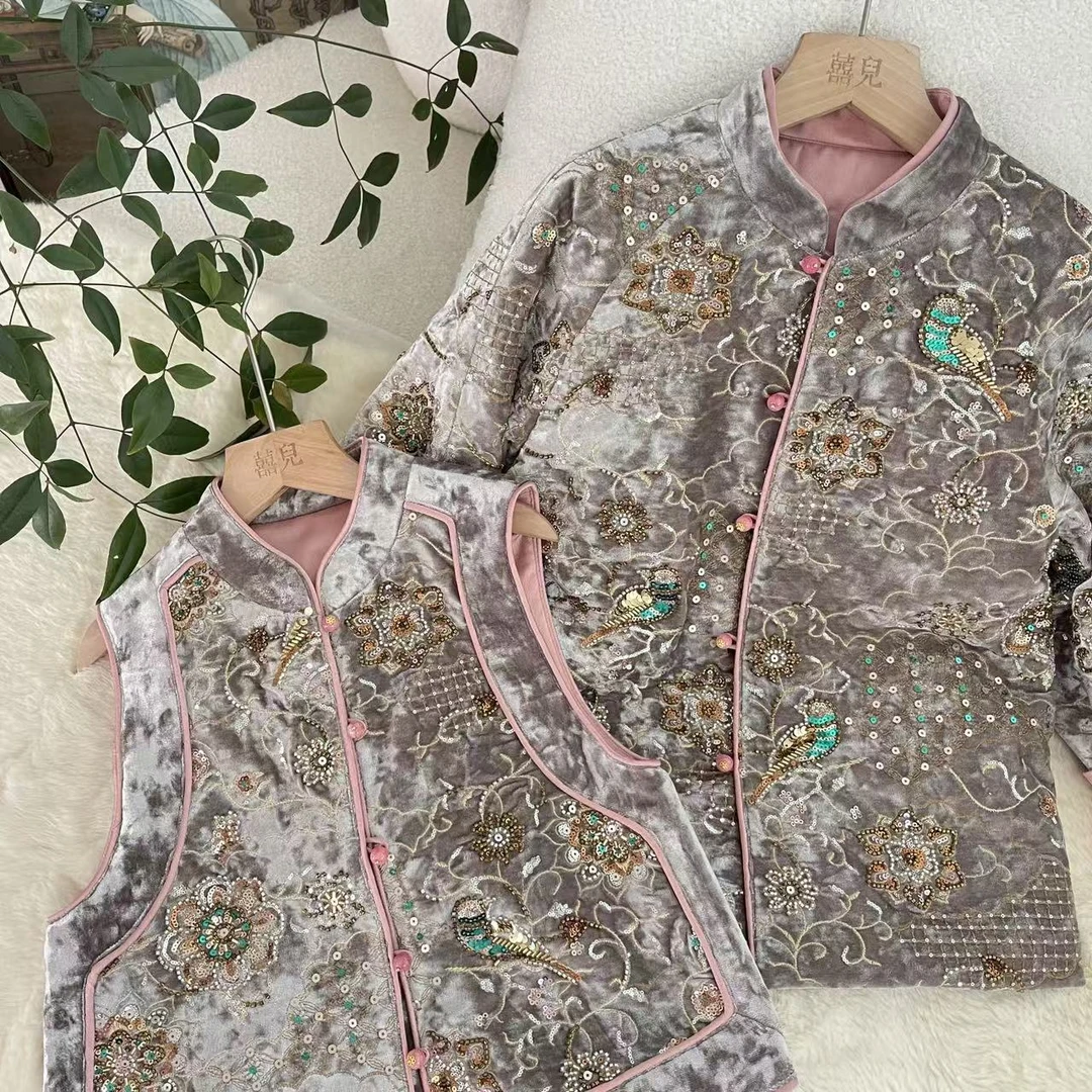 【喜儿定制】冬季新款新中式国风高端清冷感钉珠亮片棉服&马甲亲子