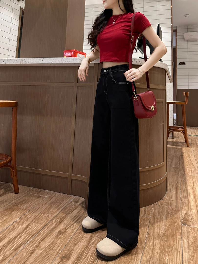 森妲潮流前端新款丹尼蓝黑宽松窄版裤阔腿弹力女中高腰显瘦牛仔裤