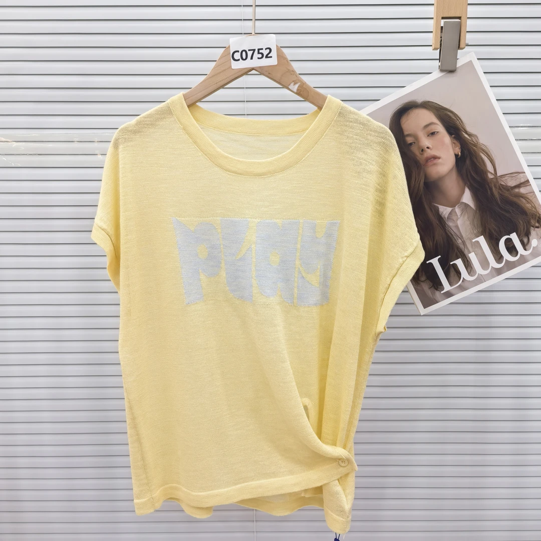 C0752黄#M圆领短袖烫印拼色圆领真丝T恤百搭