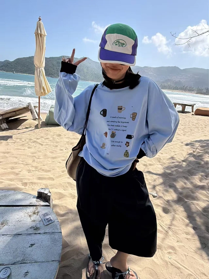 米古古 SANBARA#86123-福 趣味印花宽松撞色百搭圆领上衣(衣长72)