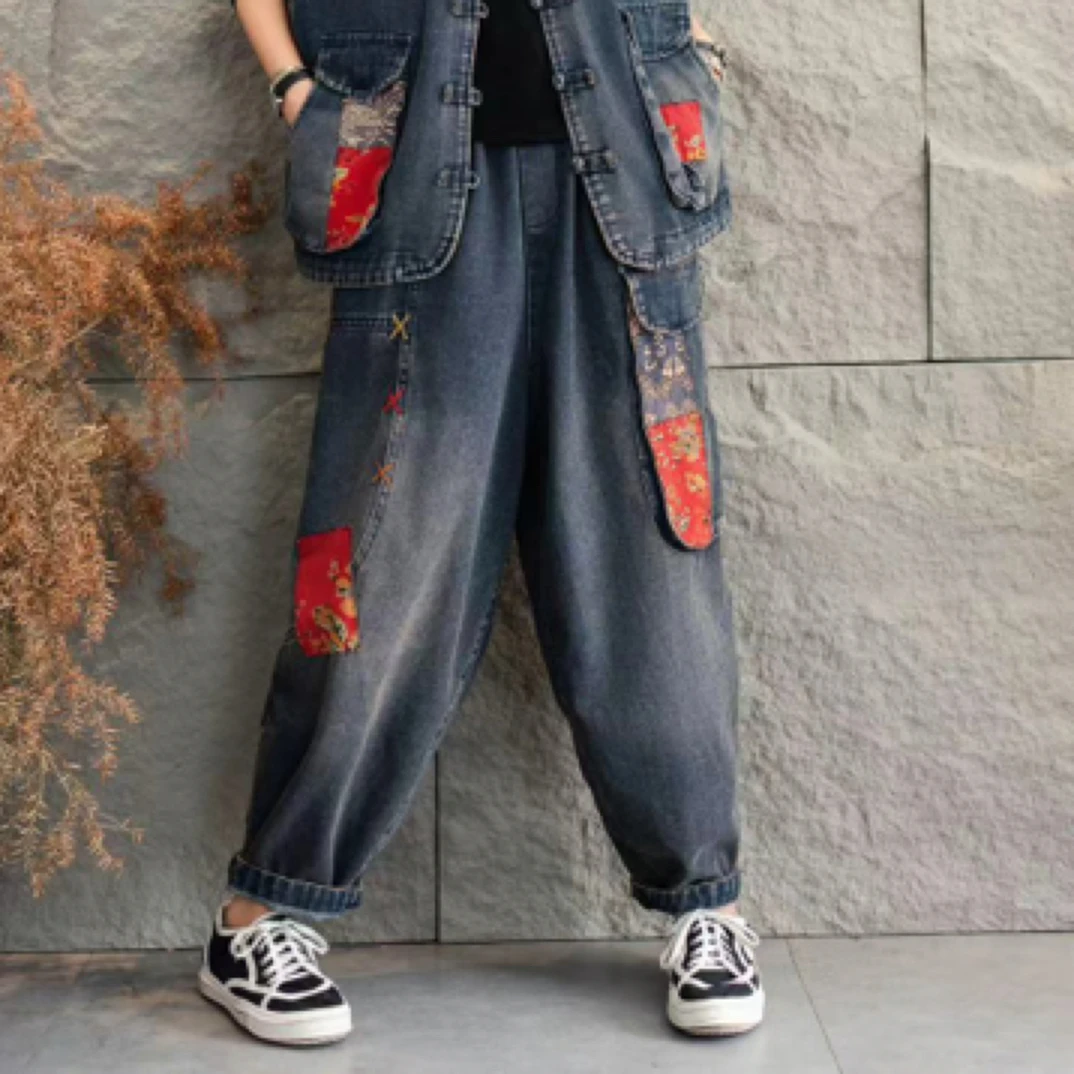 2002-1秋季新款重工刺绣炒色系牛仔大版哈伦裤