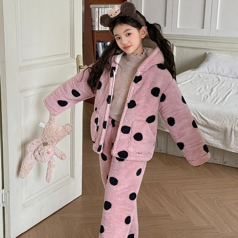 2025爆款冬季女童三层加绒加厚睡衣女孩大童3-16岁保暖家居服套装