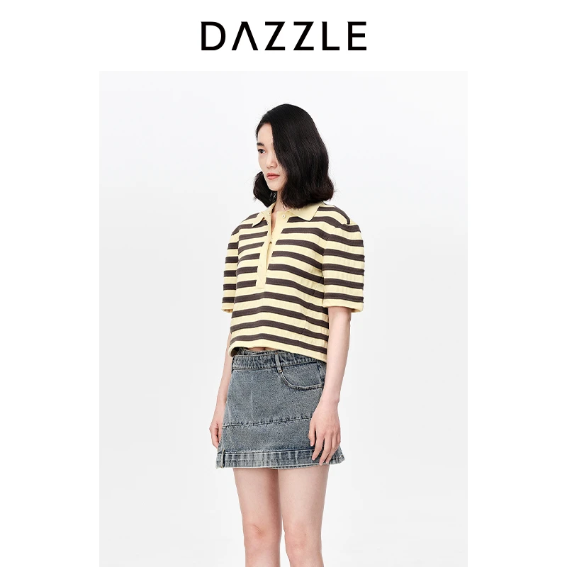 【陈大可】大地DAZZLE地素23夏装polo领条纹短款短袖针织衫2H2E301