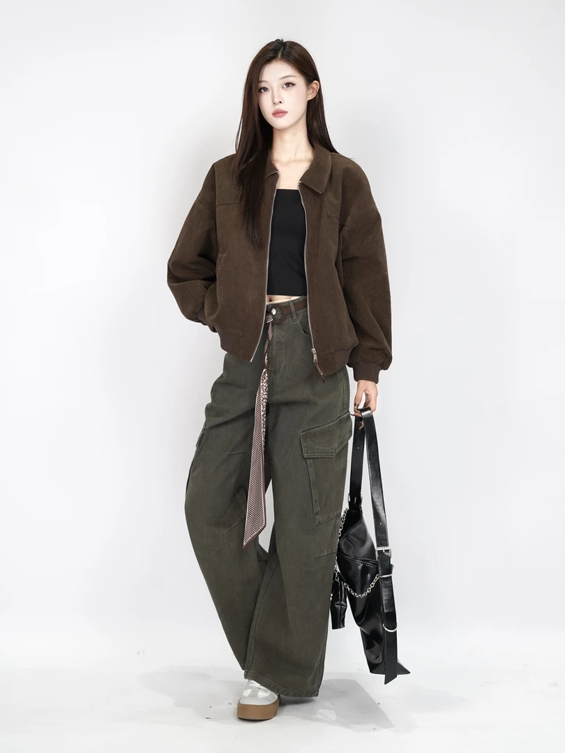【NEW】秋冬通勤百搭纯色复古休闲短款风衣外套+宽松阔腿工装裤套装