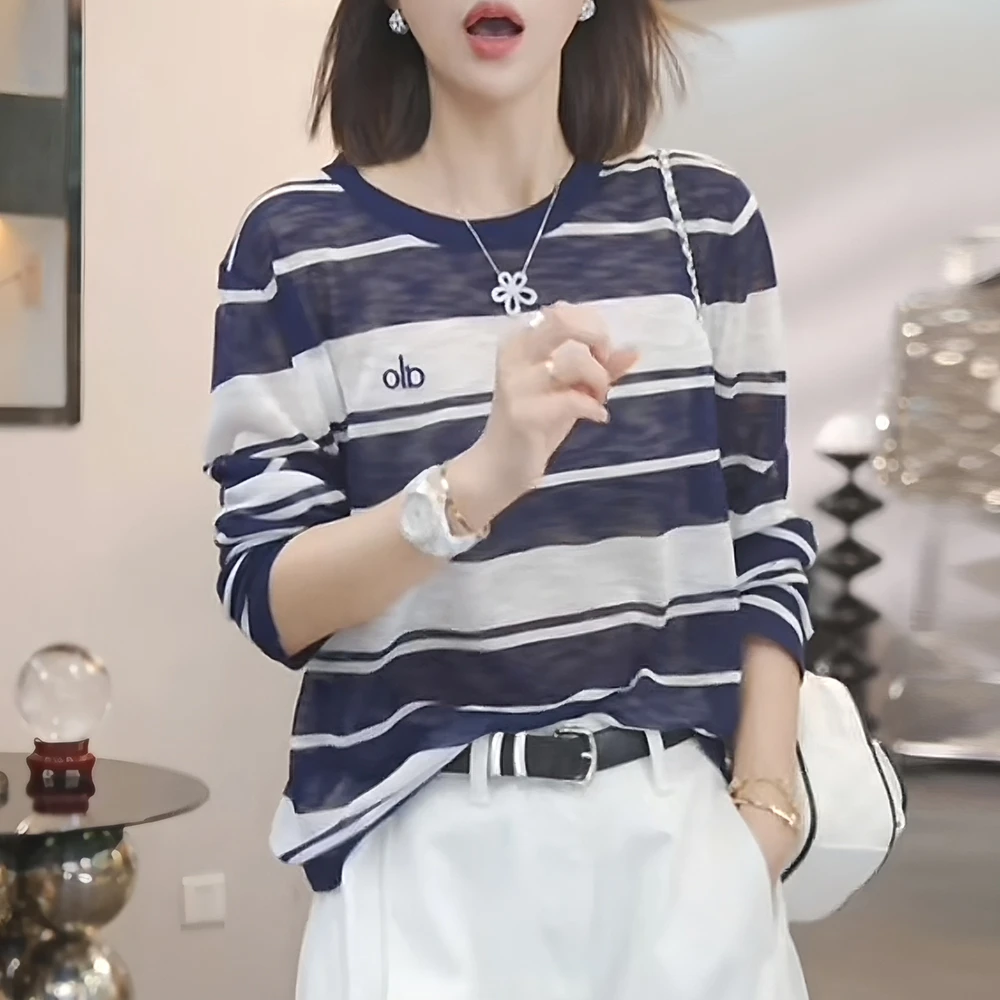 轻薄款户外休闲宽松夏季潮牌韩版休闲条纹长袖防晒罩衫上衣女士Y