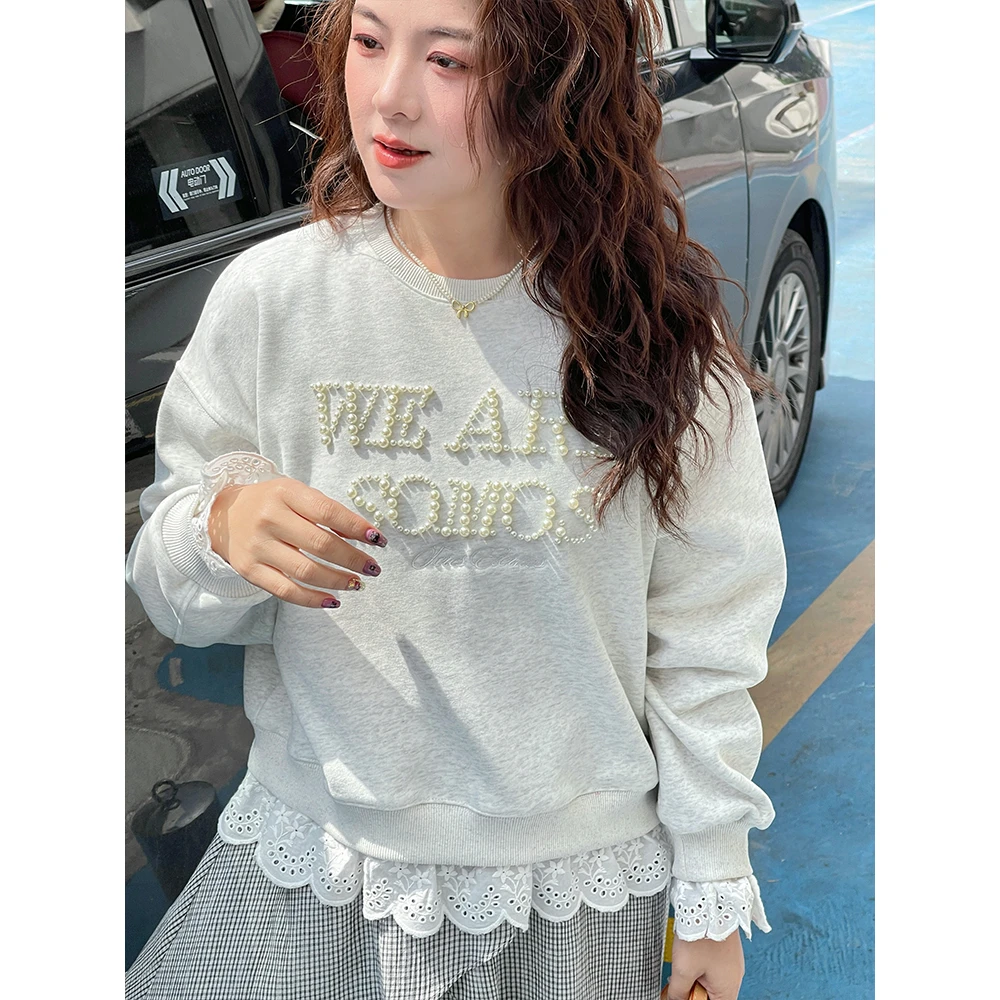 WenWen小个子韩版宽松重工钉珠蕾丝拼接卫衣时尚百搭假两件2559