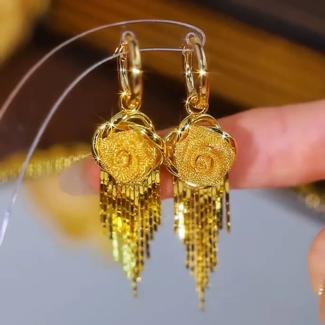 铜合金合成锆石耳饰 【5号】高档奢华玫瑰花流苏长款气质百搭耳环女