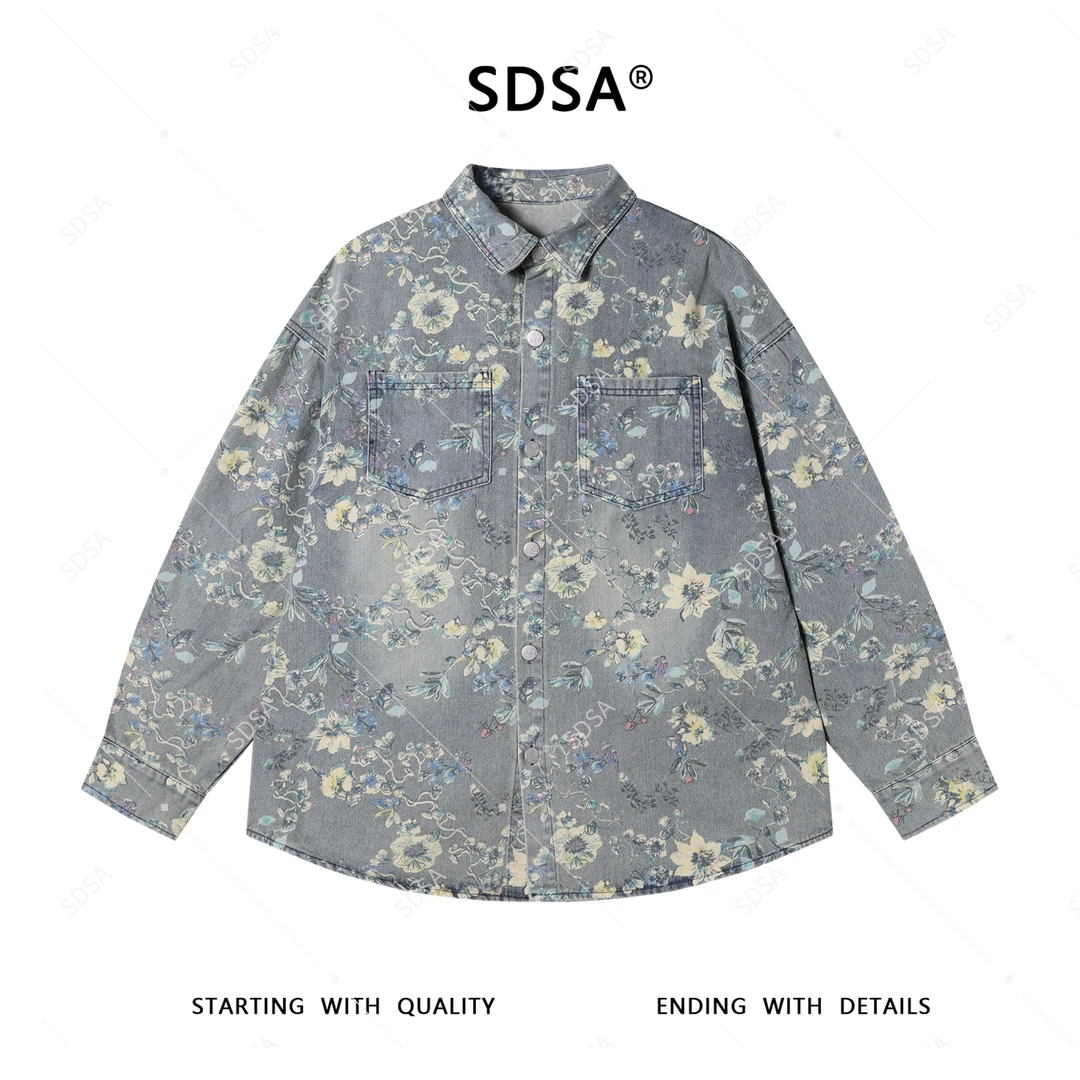 SDSA男士秋冬新款轻奢痞帅男装复古植物花卉印花纽扣衬衫百搭潮