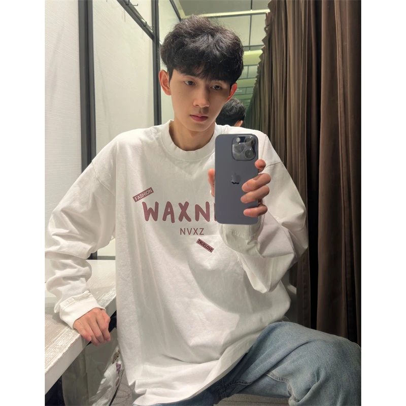 美式字母印花长袖T恤男秋冬慵懒痞帅宽松纯棉打底衫重磅内搭上衣
