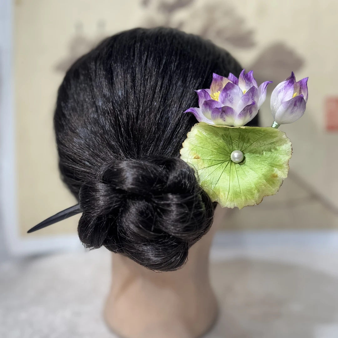 紫色荷花发簪 非遗绒花工艺国风仙女百搭