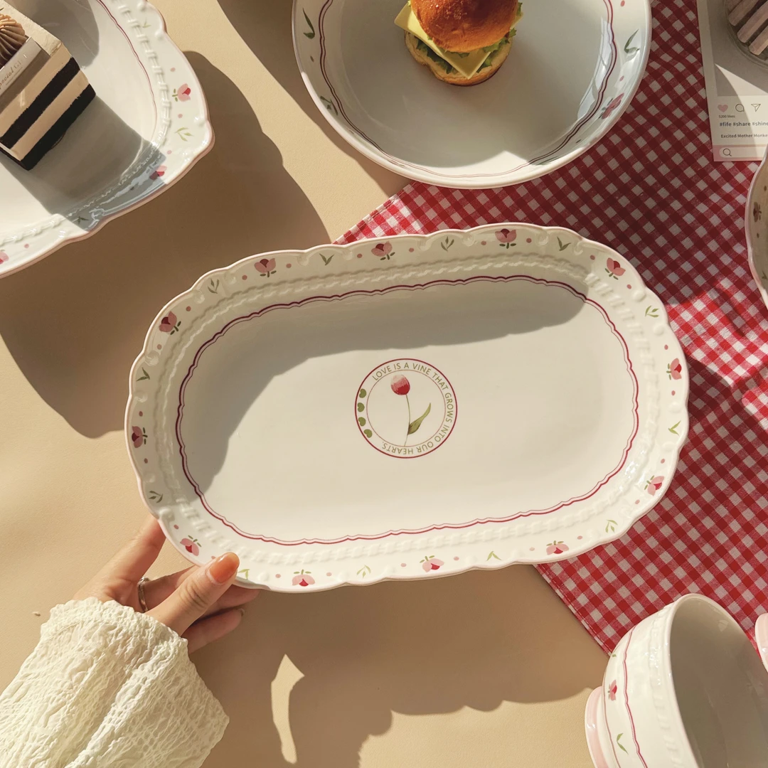 【鱼盘】游离花园高颜值意面浮雕花边盘子陶瓷餐盘深盘餐具家用菜盘