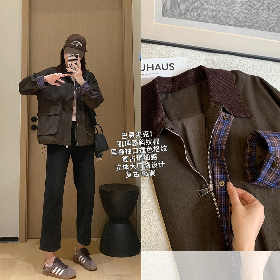 巴恩夹克！早秋水洗棉撞色格纹短外套灯芯绒翻领宽松上衣602769