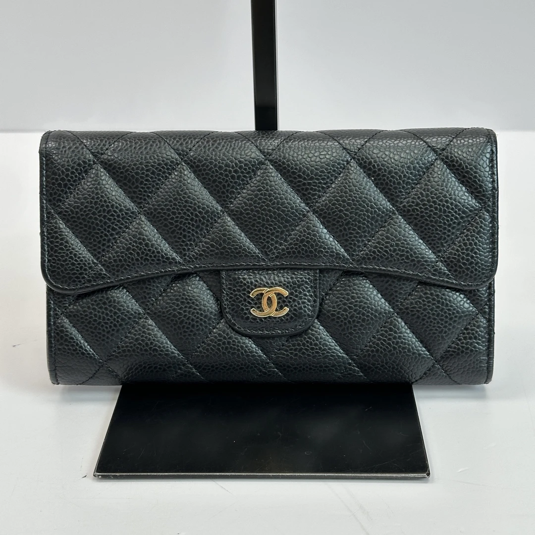 95新 Chanel/香奈儿 黑金荔枝牛长款三折钱包 51000