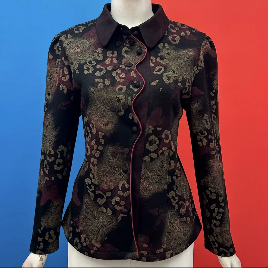 DOG  一体绒保暖中老年妈妈冬季加绒翻领国风印花长袖舒适上衣